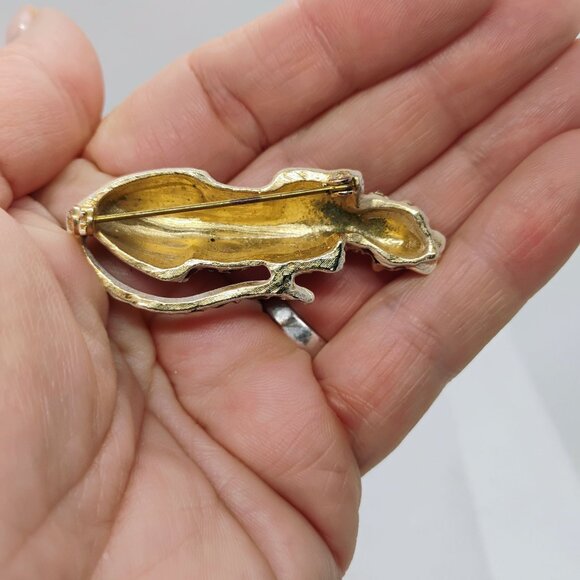 Vtg Leopard Cheetah Brooch Enamel Rhinestone Collar Green Sparkly Eyes Gold Tone - Picture 5 of 6